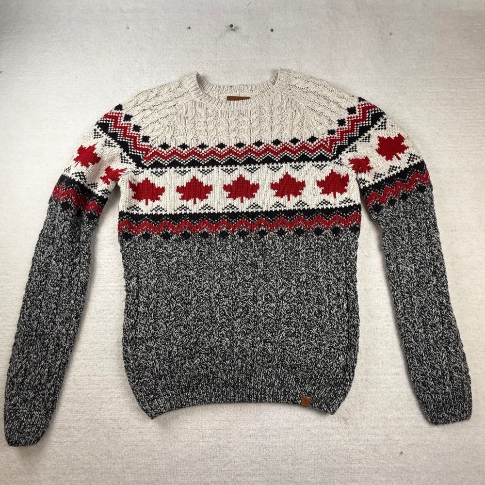 Canadiana Mens M Fair Isle Maple Leaf Cable Knit Sweater Rustic Cabncore Canada